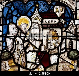 Raffigurazione medievale di Sant'Andrea e di una chiesa paleocristiana nella leggenda di Sant'Andrea e di San Matteo, la chiesa di Sant'Andrea, Graystoke, Cumbria, Regno Unito Foto Stock