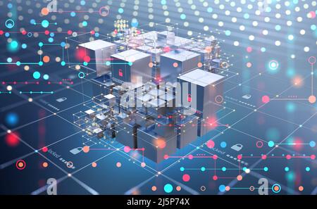 Discoteca cyber club 3D illustrazione. Cluster di informazioni sulla struttura Blockchain. Sicurezza informatica dei big data nei database cloud Foto Stock