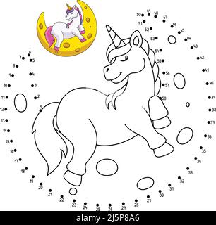 DOT to Dot Unicorn dormendo sulla Luna isolato Illustrazione Vettoriale