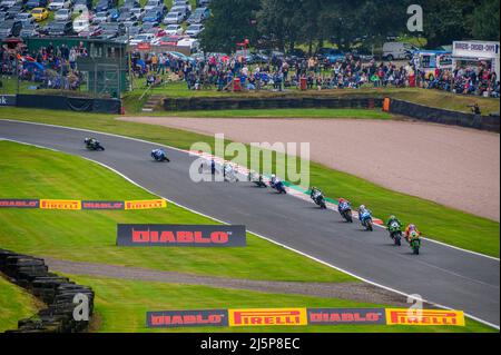 Vista rialzata delle corse motociclistiche all'Oulton Park Circuit. Cheshire. Foto Stock