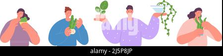Cura delle piante domestiche. La gente tiene le pentole con il verde. Hobby giardinaggio, piantare alberi, cespugli e fiori. Set vettoriale di caratteri per adulti Cartoon Illustrazione Vettoriale