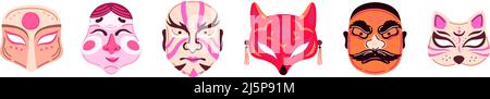 Doodle maschere astratte in stile orientale. Mascotte arrabbiata, gatto e maschera di volpe. Elementi decorativi asiatici, totem mistico o salvare simboli vettore set Illustrazione Vettoriale