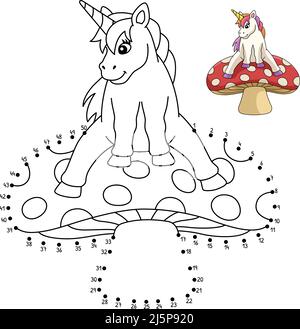 DOT to Dot Unicorn seduto su Un fungo isolato Illustrazione Vettoriale