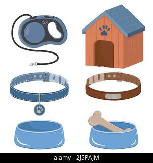 Un set di accessori per cani e gatti, una cabina, ciotole con cibo, un guinzaglio e collari con medaglione. Illustrazione vettoriale isolata. Illustrazione Vettoriale