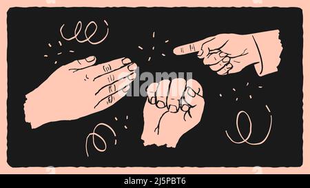 Mani disegnate a mano, stile retrò. Gesti popolari puntati con un dito, aggrappati in un pugno, palmo aperto Illustrazione Vettoriale