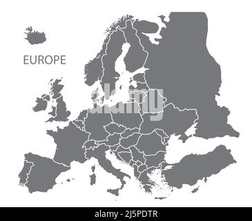 Mappa moderna - Europa con stati aggiornati e confini dal 2022 con la Russia in grigio Illustrazione Vettoriale