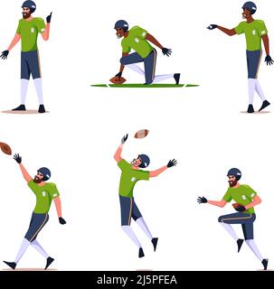 Rugby. Sport calcio attivo e rugby giocatori di calcio americano torneo nazionale garish vettore cartoon personaggi Illustrazione Vettoriale