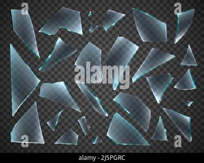 Frammenti di vetro rotti. Pezzi di forme casuali realistici. 3D frammenti scheggiati. Finestra trasparente infrangibile. Superficie trasparente fragile. Vettore Illustrazione Vettoriale