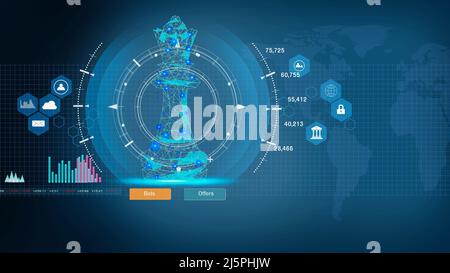 Gioco di scacchi dietro gli indicatori della tabella del forex o grafico del mercato azionario in background astratto. Concetto di business per presentare informazioni finanziarie e m digitale Foto Stock