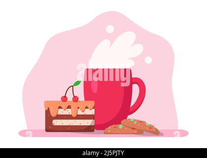 Tazza con bevanda, biscotti e torta, illustrazione vettoriale in stile cartoon flat. Tazza di caffè, cioccolata o tè. Ciliegia e fragola. Colazione gustosa Illustrazione Vettoriale