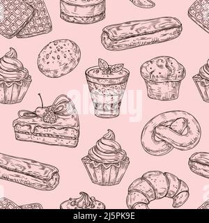 Disegno dessert modello senza giunture. Fast food e torte, dolci prodotti da forno a mano. Pasticceria, cupcakes e torta, incisione vintage stampa vettoriale neoterica Illustrazione Vettoriale