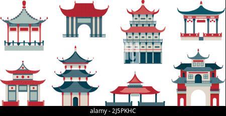 Edifici di stile Asiatico. Case coreane e palazzi cinesi. Antico tempio isolato, porte orientali tradizionali. Architettura di Chinatown snella Illustrazione Vettoriale