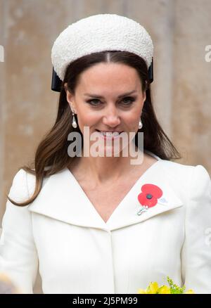 Londra, Regno Unito. 25th Apr 2022. La Duchessa di Cambridge partecipa al Servizio di commemorazione e di ringraziamento dell'Anzac Day all'Abbazia di Westminster, Londra. Credit: Doug Peters/Alamy Live News Foto Stock