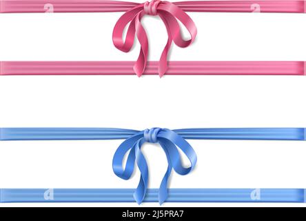 3d icona realistica. Nastri orizzontali in raso blu e rosa con arco per scatole regalo. Illustrazione Vettoriale