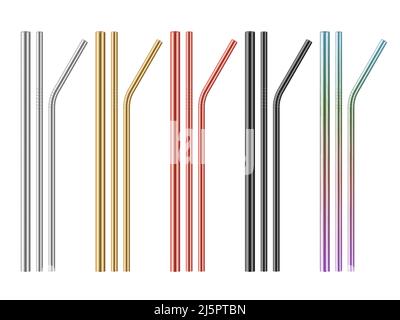 Cannucce da bere realistiche in metallo. Tubi in acciaio di diverso colore per bevande senza rifiuti. Bastoncini da cocktail dritti e ricurvi. Prodotto ecologico alternativo Illustrazione Vettoriale