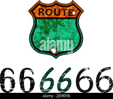segnaletica stradale vintage arrugginita e stressata, vari tipi di caratteri per la route 66, illustrazione vettoriale grungy retrò, disegno immaginario Illustrazione Vettoriale
