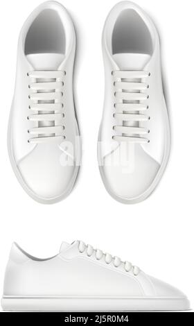 icona del vettore realistico. Set di scarpe da ginnastica da running di colore bianco. Vista laterale e dall'alto. Illustrazione Vettoriale
