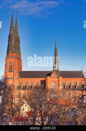 Guglie del 13th secolo gotico francese Cattedrale di Uppsala (Uppsala Domkyrka) la più alta in Scandinavia, Uppsala, Uppland, Svezia Foto Stock