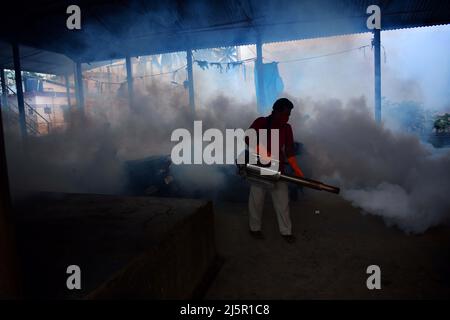 Agartala, stato nordorientale indiano di Tripura. 25th Apr 2022. Un lavoratore fumiga un'area di mercato come misura preventiva contro la malattia trasmessa dalle zanzare nella Giornata Mondiale della malaria alla periferia di Agartala, la capitale dello stato nord-orientale dell'India di Tripura, 25 aprile 2022. La Giornata Mondiale della malaria si celebra annualmente il 25 aprile. Credit: Str/Xinhua/Alamy Live News Foto Stock