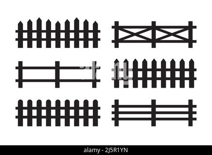 Set vettoriale di diverse silhouette di recinzione nera isolate su sfondo bianco Illustrazione Vettoriale