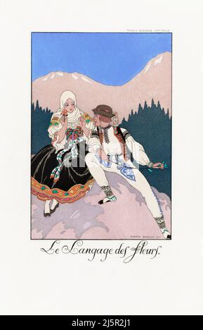 Le Langage des Fleurs. Il linguaggio dei fiori. Dall'almanacco di George Barbier Falbalas et Fanfreluches 1922 - 1926. Dopo un lavoro dell'illustratore francese George Barbier, 1882 - 1932. Foto Stock