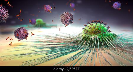 Cellule di linfociti nel sistema immunitario che reagiscono e attaccano una cellula di cancro che si diffonde - illustrazione 3D Foto Stock