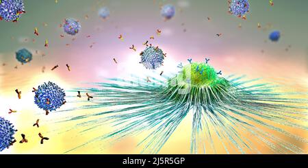 Cellule di linfociti nel sistema immunitario che reagiscono e attaccano una cellula di cancro che si diffonde - illustrazione 3D Foto Stock