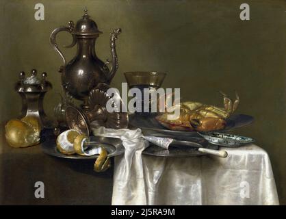 Willem Heda. Still Life: Vasi di Pewter e d'Argento e un granchio del pittore olandese dell'Età dell'Oro, Willem Claeszoon Heda (1593/1594 - c.. 1680/1682), olio su quercia, c.. 1633-37 Foto Stock