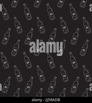 Vettoriale modello senza cuciture di linea bianca disegno a mano spilletto bottiglia di birra isolato su sfondo nero Illustrazione Vettoriale