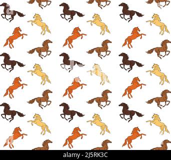 Vettore senza cuciture modello equestre di diversi disegni di doodle colorato che corre cavallo isolato su sfondo bianco Illustrazione Vettoriale