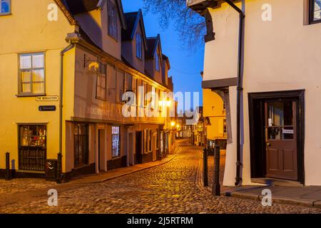 Serata a Elm Hill a Norwich, Norfolk, Inghilterra. Foto Stock