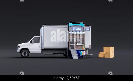 L'acquirente di smartphone ordina merci, camion di consegna, mappa della città, logistica dei trasporti. Shopping online, servizio di consegna espresso, servizio di corriere. Appli per dispositivi mobili Foto Stock