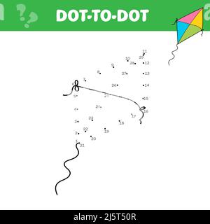 Gioco da punto a punto con aquiloni. Collegare i punti. Gioco di matematica. Immagine a punti e a colori. Illustrazione Vettoriale