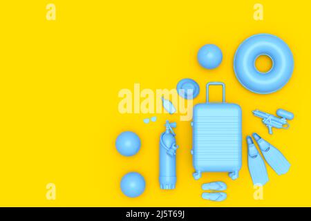 Valigia colorata o bagaglio con accessori da spiaggia su sfondo giallo monocromatico. Rendering 3D del concetto di vacanza estiva e vacanze Foto Stock