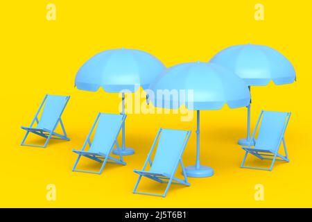 Sedie da spiaggia con ombrelloni e pallina da spiaggia su sfondo giallo monocromatico. 3D rendering del concetto di vacanza estiva Foto Stock