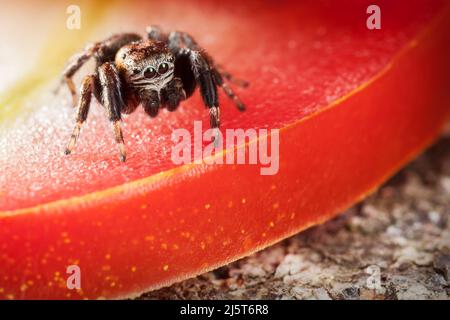 Saltando il ragno su una fetta rossa di pomodoro Foto Stock