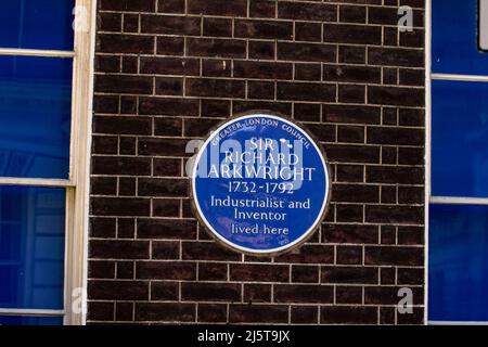 Targa blu che segna l'occupazione di Arkwright in Adam Street, Londra Foto Stock