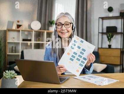 Sorridente donna anziana in cuffia che ha una videoconferenza sul laptop mentre lavora da casa. Signora piuttosto grigia seduta alla scrivania e mostrando grafici e grafici a casa. Foto Stock