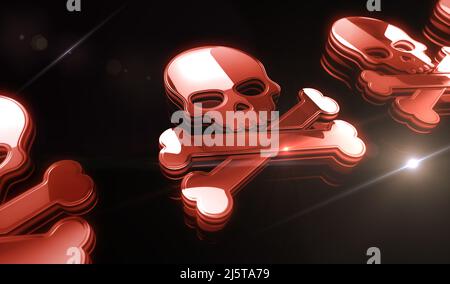 Pirata del cranio, cyberattack online, hack, minaccia e violazione sicurezza Golden Metal simbolo concetto. Spettacolare luce brillante e riflessione icona ab Foto Stock