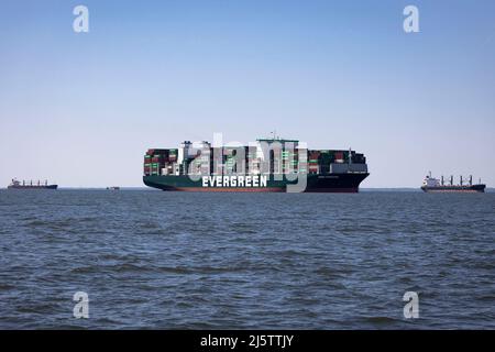 La nave box dell’operatore taiwanese Evergreen È SITUATA nella baia di Chesapeake, fuori dal canale di Craighill, nei pressi di Annapolis, Md., 20 aprile 2022. La nave box si è arenata nella baia di Chesapeake il 13 marzo 2022, e recentemente è stata sottoposta a operazioni di refloating e ha avuto 550 contenitori scaricati. Più recentemente, gli equipaggi di navigazione hanno spinto con successo la massiccia nave container dal fango. Andando avanti, il materiale dragato dal sito sarà utilmente utilizzato per la ricostruzione e il restauro di Poplar Island, che ospita centinaia di specie di fauna selvatica e uccelli acquatici, come approvato dal Maryland’ Foto Stock