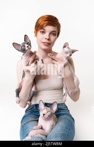 Giovane donna rossa che tiene in mano due Sphynx Cat e un gattino sulle gambe. Bella donna con capelli corti in T-shirt e jeans guardare fotocamera Foto Stock