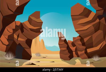 Sunset in Western American Rock Cliff VAST Desert Landscape Illustration Illustrazione Vettoriale