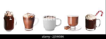 Set di gustosi cioccolatini caldi con marshmallows e panna montata su sfondo bianco Foto Stock