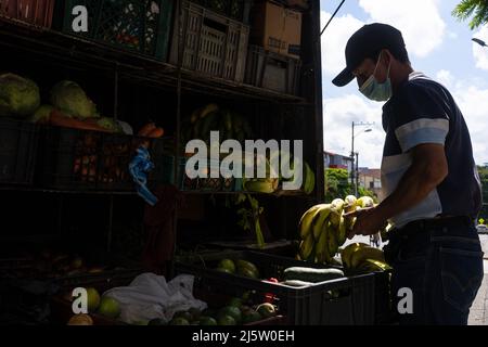 Uomini lavoratori latini in strada distributore di alimentari stand con verdure e frutta in strada Foto Stock