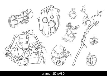 Oggetti di gioco magico con bacchetta, petto, pozione e altri puntini. Schizzo di oggetti di gioco druidi. Illustrazione vettoriale isolata su sfondo bianco Illustrazione Vettoriale