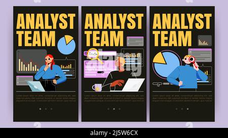 Pagine sullo schermo integrato dell'app mobile del team di analisti. Concetto di business con gli addetti all'ufficio che analizzano i grafici dei dati, i grafici statistici dei rapporti operativi di gestione delle vendite, il set di banner Web vettoriali lineari flat Illustrazione Vettoriale