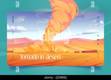 Tornado in bandiera del deserto. Vento di sabbia con imbuto d'aria. Vettore atterraggio pagina di pericoloso fenomeno meteo con cartoon deserto paesaggio con dune gialle e vento tempesta con polveroso twister Illustrazione Vettoriale