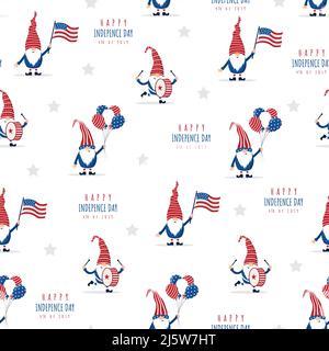 Modello senza cuciture con gnomi patriottici americani. Giornata dell'indipendenza negli Stati Uniti. Giornata della libertà nazionale. Illustrazione vettoriale in stile cartoon Illustrazione Vettoriale
