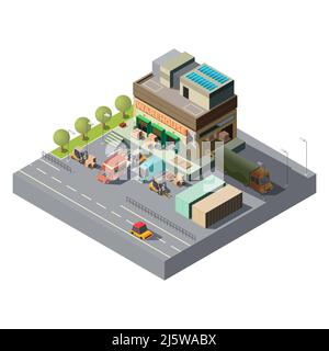 Magazzino isometrico Vector 3D, camion per spedizioni, logistica. Deposito con carrelli elevatori, merci e strada con traffico nelle vicinanze. Servizio commerciale con tran Illustrazione Vettoriale