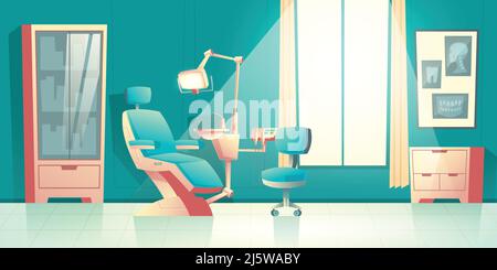 Armadietto vettoriale dentista, cartone animato interno con comoda sedia, unità di luce chirurgica, ripiani e immagine radiografica a parete. Equi medico dentale moderno Illustrazione Vettoriale